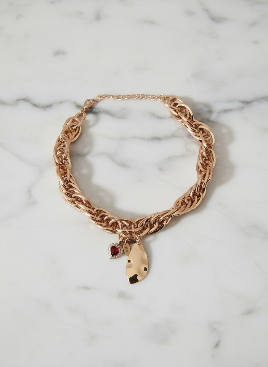 Ruby Heart Chunky Charm Necklace