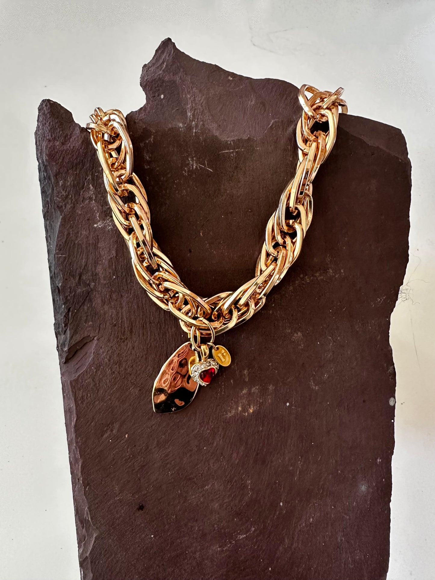 Ruby Heart Chunky Charm Necklace