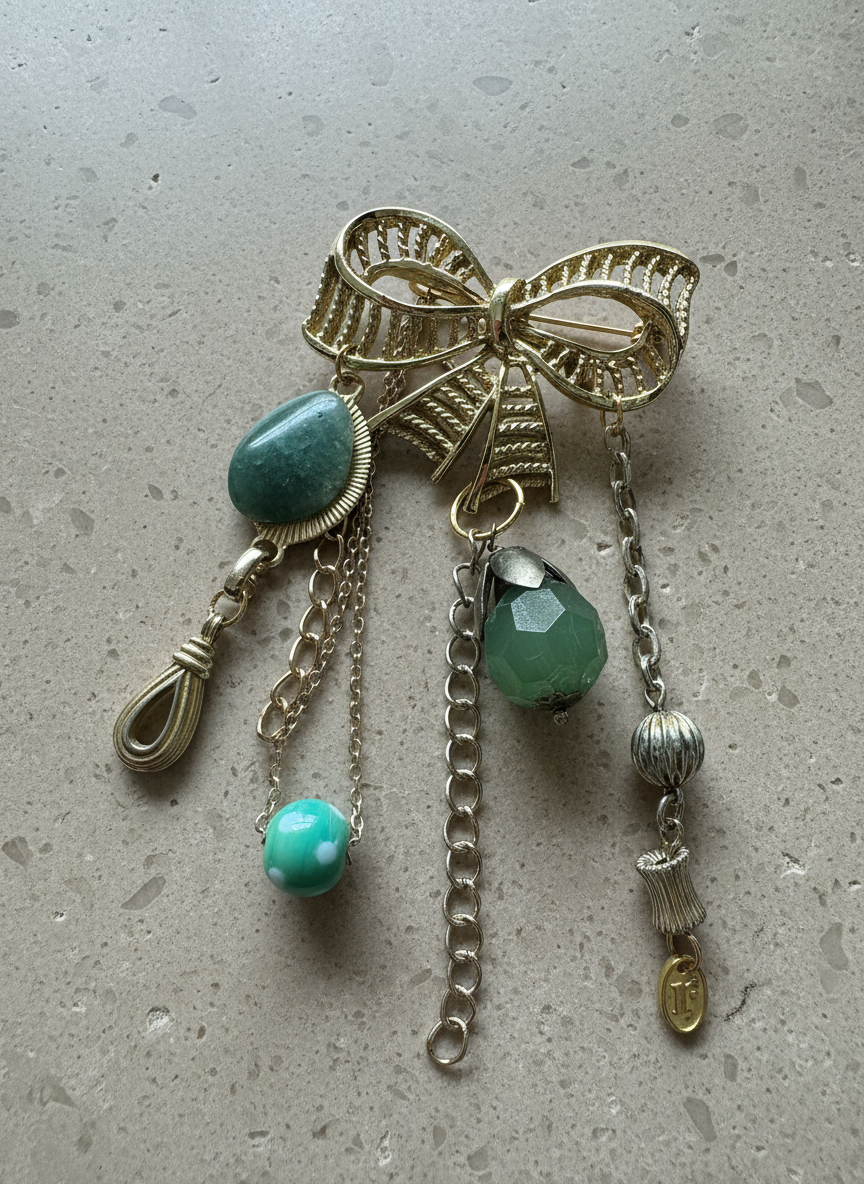 Green Bow Charm Brooch