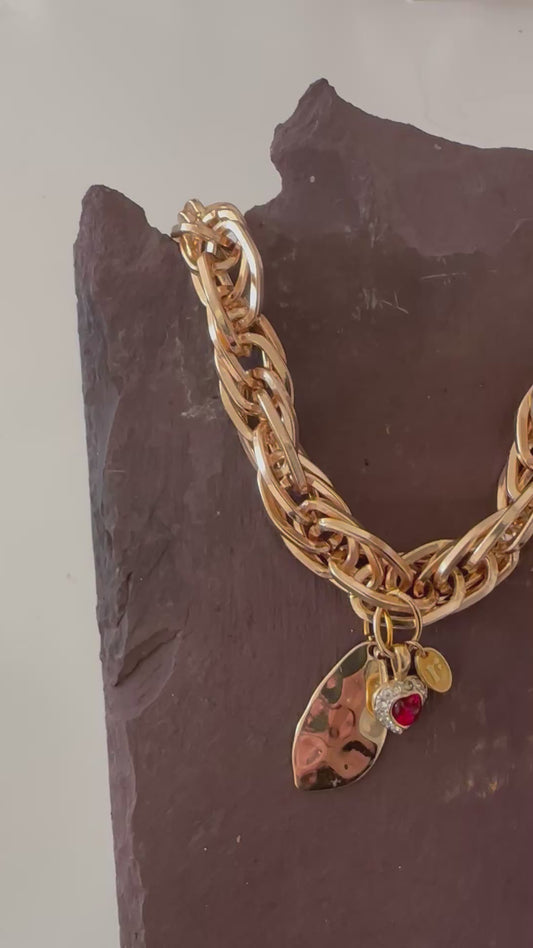 Ruby Heart Chunky Charm Necklace